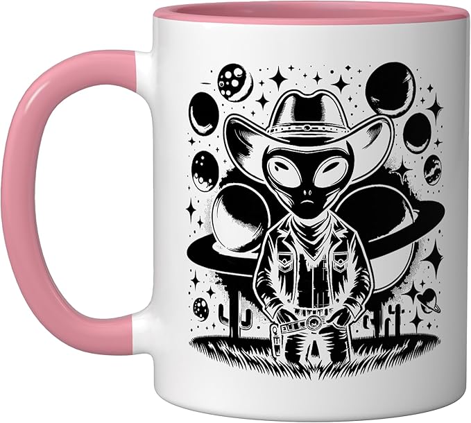 Alien Lover Flying Saucer UFO Extraterrestrial Cowboy Ceramic Mug, Pink/White