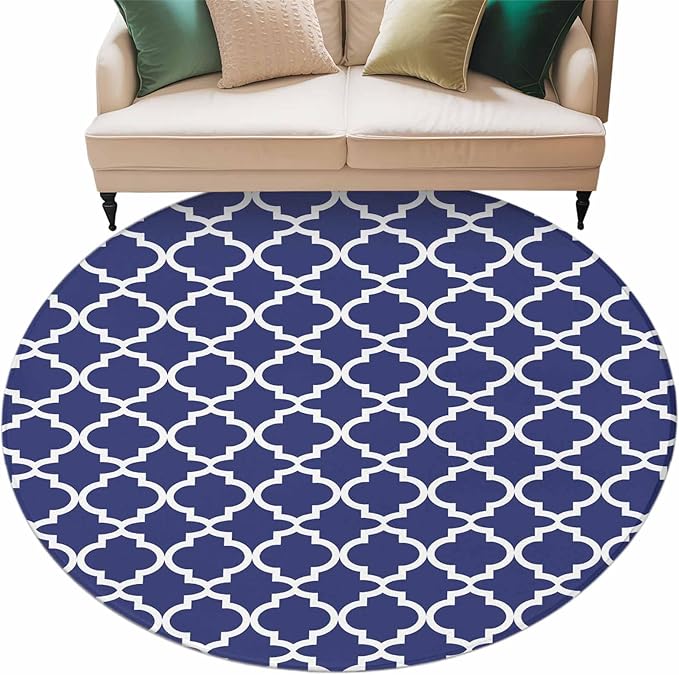 Washable Round Area Rug Navy Blue Moroccan Plaid Circle Rugs Floor Carpet for Living Room Bedroom, White Line Buffalo Lattice Soft Non Slip Round Rug 5ft