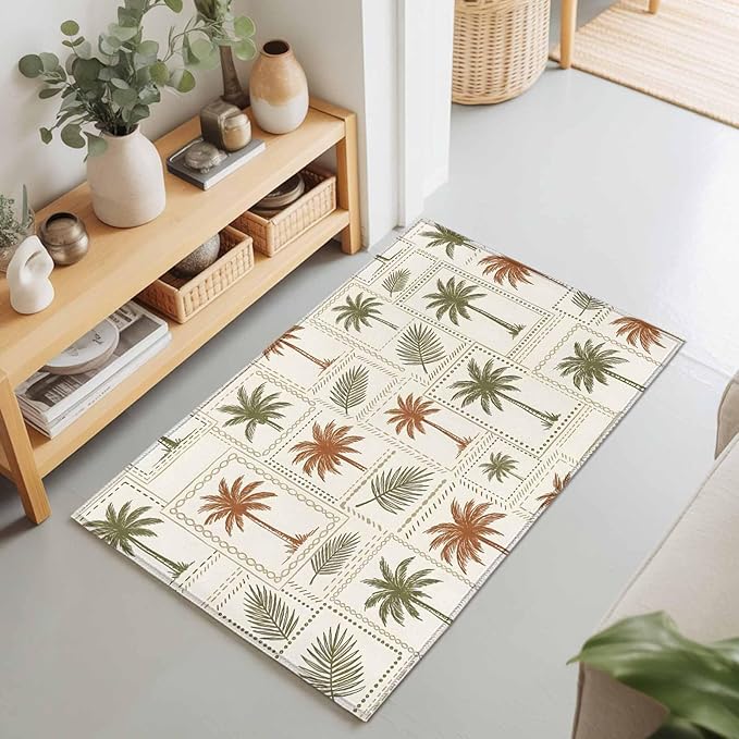 Area Rug 2x3ft, Vintage Coconut Tree Palm Leaves Washable Rugs for Living Room Bedroom, Farm Tropical Plant on Beige Soft Non-Slip Area Rugs Rectangle Floor Carpet for Dining Room