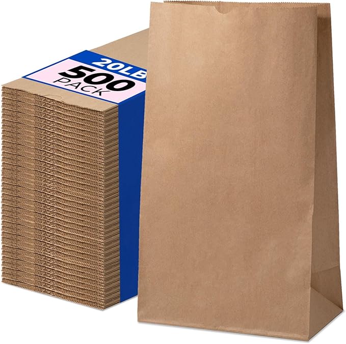 Fit Meal Prep 500 Pack 20 lb Large Brown Paper Bags, 16 x 8 x 5.5” Durable Kraft Paper Bags Bulk for Packing, Delivery, Take Out, Grocery, Retail Shopping, Premium Big Size Paper Sacks for Shopping