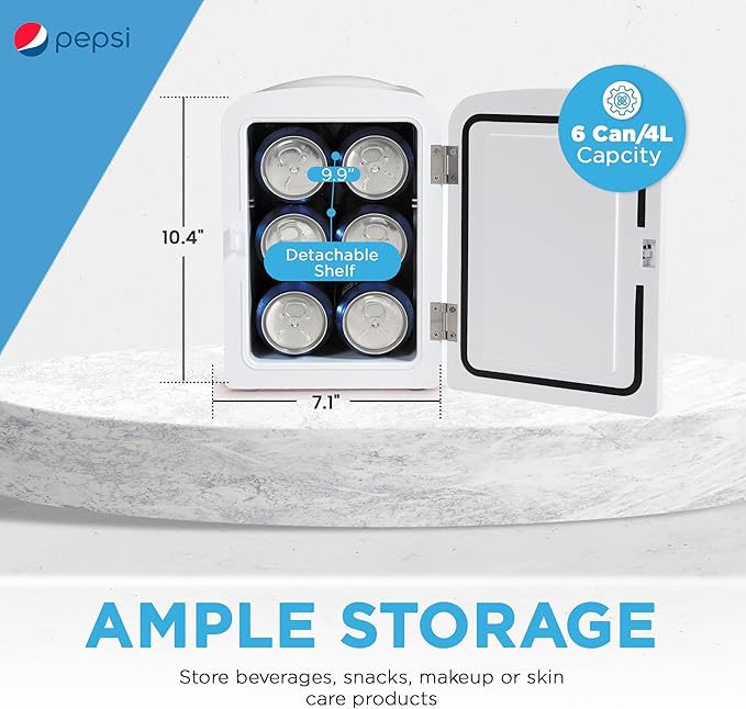 CURTIS MIS138PEP Pepsi Retro Logo, Mini Portable Compact Personal Fridge Cooler, 4 Liter Capacity Chills Six 12 oz Cans, 100% Freon-Free & Eco Friendly, White, 6
