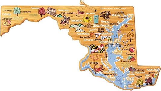 Totally Bamboo Maryland State Shaped Cutting Board and Charcuterie Serving Platter with Artwork by Fish Kiss, Includes Hang Tie for Wall Display