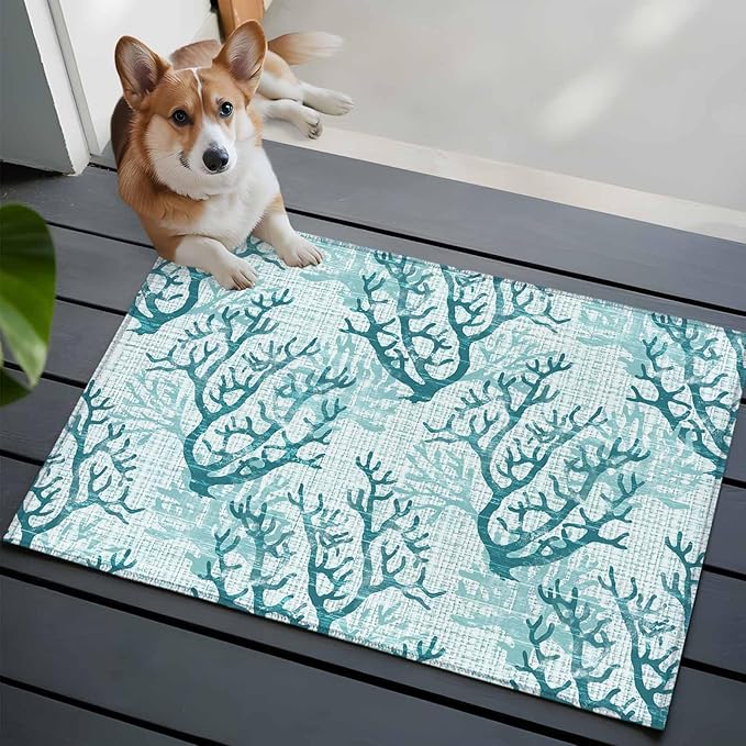 Area Rug 2x3ft, Coastal Sea Coral Retro Linen Washable Rugs for Living Room Bedroom, Underwater Ocean Life Soft Non-Slip Area Rugs Rectangle Floor Carpet for Dining Room