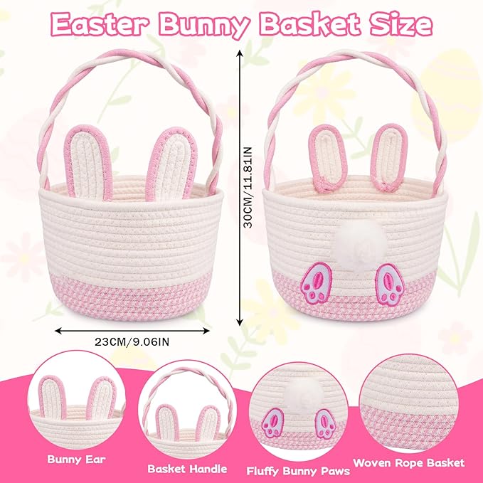 Personalized Easter Basket for Toddler, Bunny Basket for Kids,Empty Woven Rope Cotton for Eggs,Easter Egg Hunt Storage Bin with Handle, Baby Nursery Candy for Boys and Girls, 9''×12''