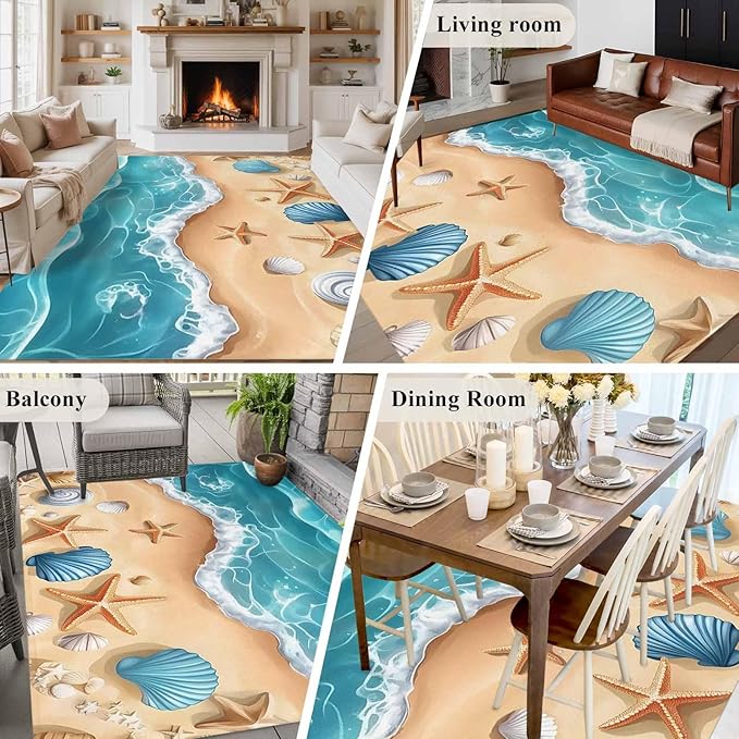 Area Rug 6x9ft, Summer Beach Shell Starfish Washable Rugs for Living Room Bedroom, Marine Life Cartoon Style Soft Non-Slip Area Rugs Rectangle Floor Carpet for Dining Room