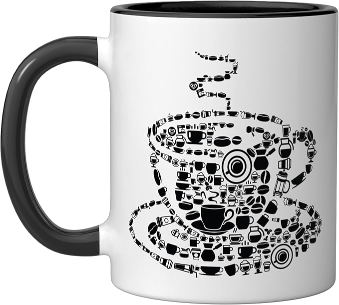 Coffee Brewed Steaming Java Picture Mosaic Cup Saucer Pot Ceramic Mug, Black/White