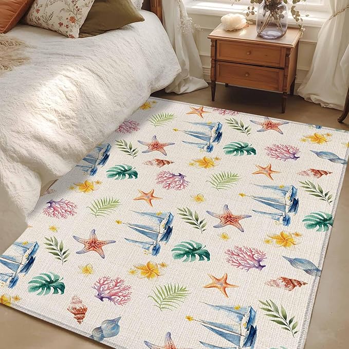 Area Rug 3x5ft, Summer Sea Starfish Sailboat Washable Rugs for Living Room Bedroom, Marine Life Coral on Linen Soft Non-Slip Area Rugs Rectangle Floor Carpet for Dining Room
