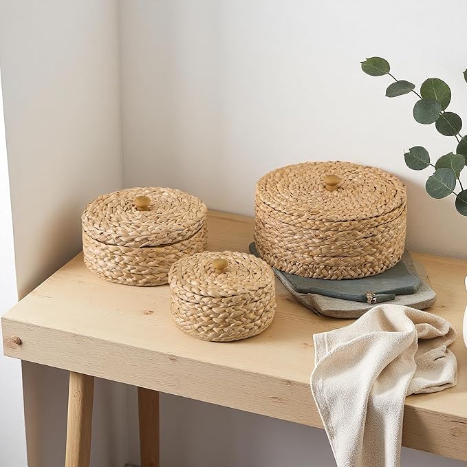 SOFE Round Rattan Storage Boxes with Lids Set of 3, Handwoven Wicker Basket, Small Baskets for Shelves, Boho Organizer Desk, Living Room Home Decoration