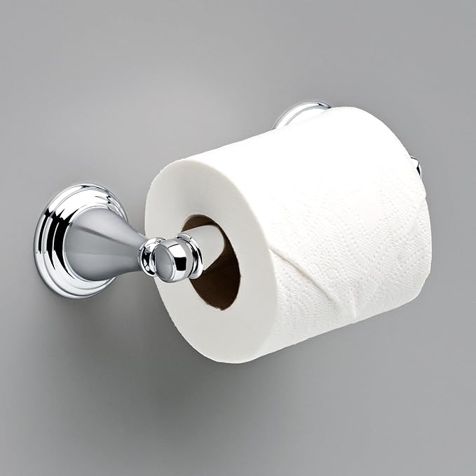 Delta Windemere (1-Pack) Toilet Paper Holder Polished Chrome Tissue Roll Holder for Bathroom Organization and Storage Spring Loaded Toilet Tissue Holder Wall Bathroom Accessories 70050