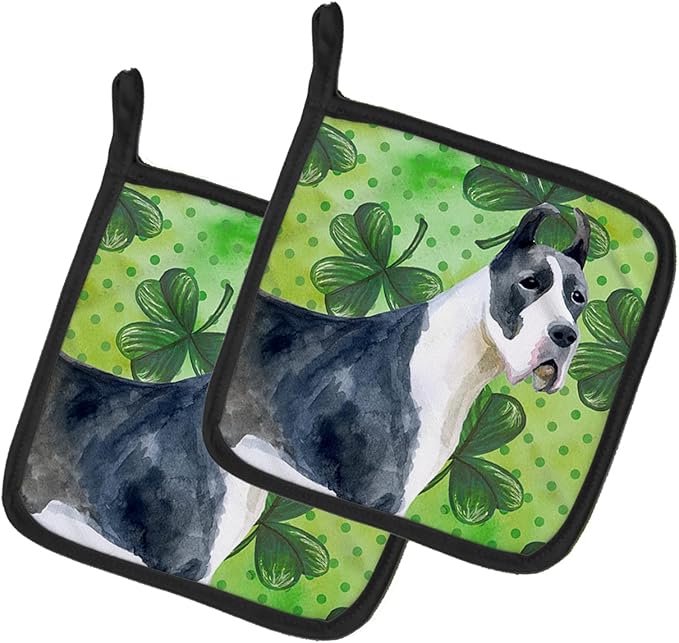 Caroline's Treasures BB9817PTHD Harlequin Great Dane St Patrick's Pair of Pot Holders, Green Kitchen Heat Resistant Pot Holders Sets Oven Hot Pads for Cooking Baking BBQ, 7 1/2 x 7 1/2
