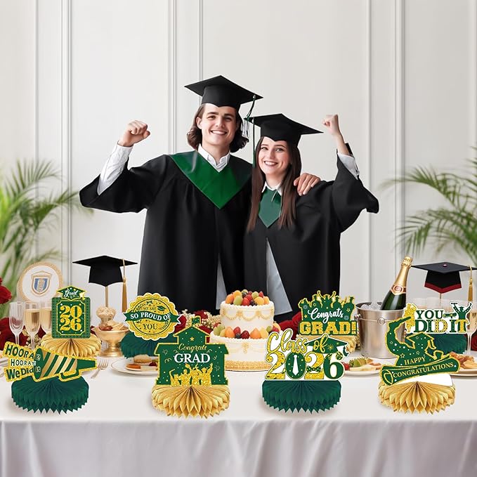 2026 Graduation Party Decorations - 8 Pcs Green Gold Class of 2026 Graduation Table Centerpieces for Tables Congratulate for 2026 Congrats Grad Party Supplies