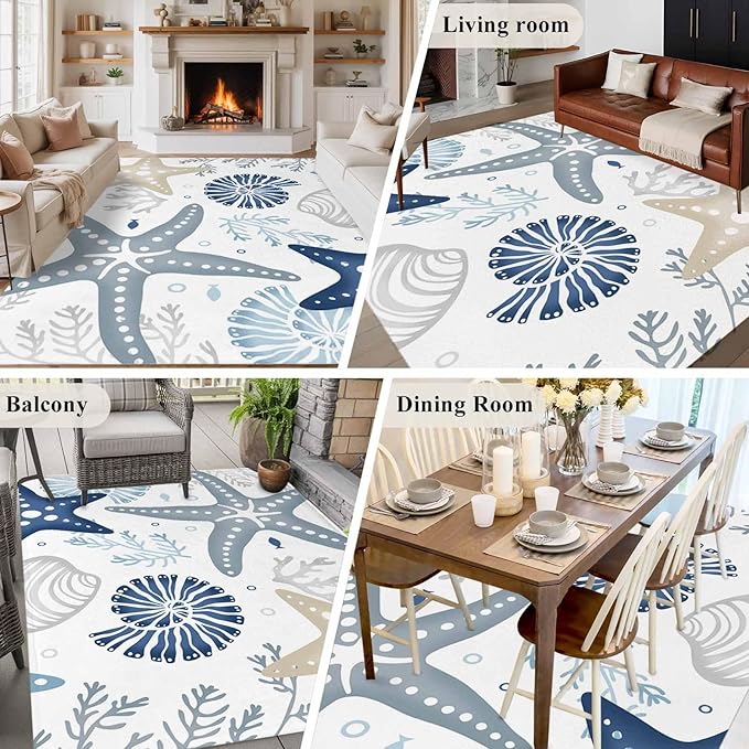 Area Rug 6x9ft, Ocean Starfish Shell Conch Washable Rugs for Living Room Bedroom, Sea Blue Coral Seamless Soft Non-Slip Area Rugs Rectangle Floor Carpet for Dining Room