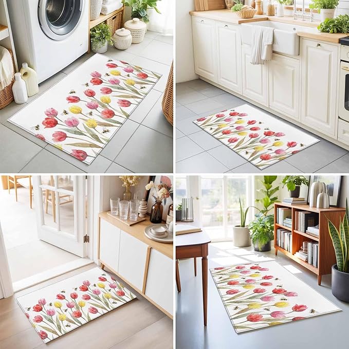 Area Rug 2x3ft, Red Pink Yellow Tulips Bees Washable Rugs for Living Room Bedroom, Watercolor Flower Leaves Soft Non-Slip Area Rugs Rectangle Floor Carpet for Dining Room