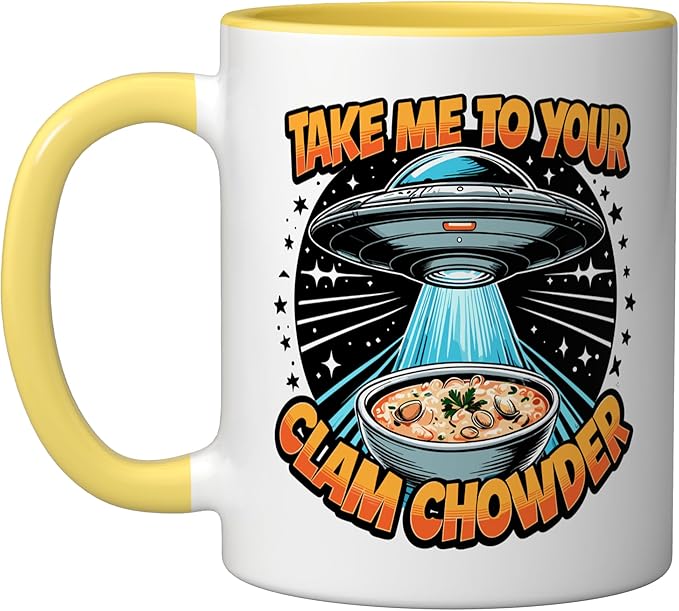 Take Me to Your Clam Chowder UFO Abduction Clam Chowder Ceramic Mug, Yellow/White