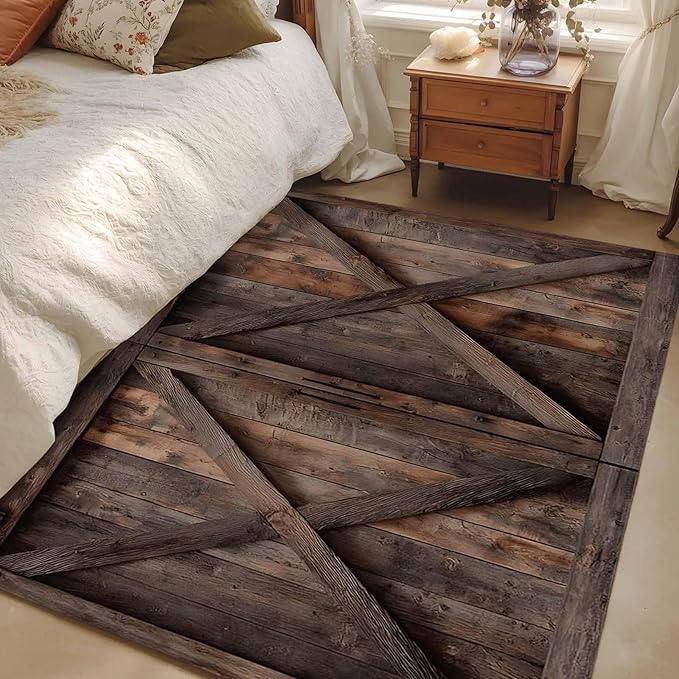 Area Rug 4x6ft, Vintage Farmhouse Barn Washable Rugs for Living Room Bedroom, Country Wooden Plank Soft Non-Slip Area Rugs Rectangle Floor Carpet for Dining Room