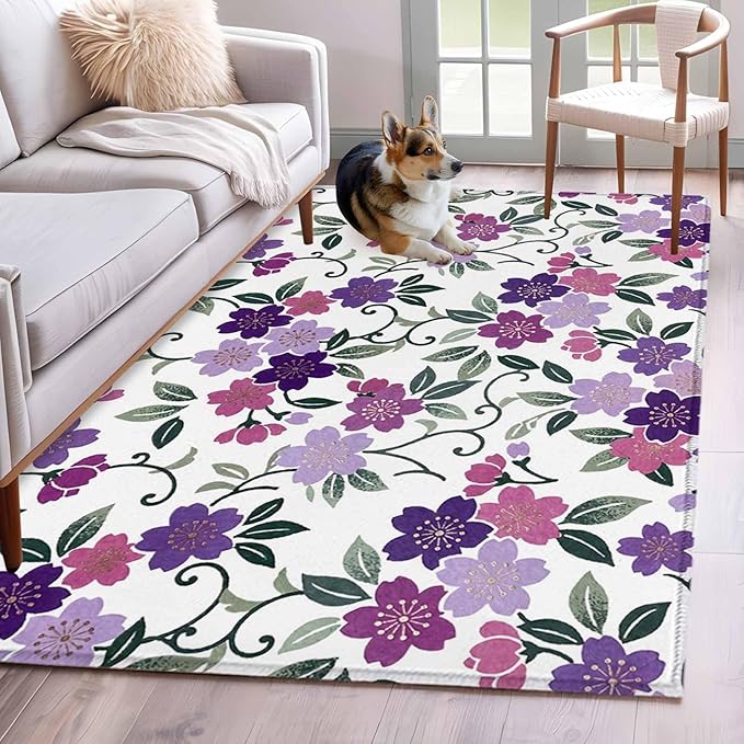 Area Rug 4x6ft, Country Purple Pink Flower Green Leaf Washable Rugs for Living Room Bedroom, Pastoral Floral Plant Soft Non-Slip Area Rugs Rectangle Floor Carpet for Dining Room