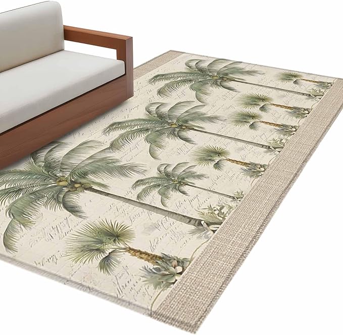 Area Rug 3x5ft, Coastal Tropical Olive Green Palm Trees Washable Rugs for Living Room Bedroom, Classic Retro Linen Soft Non-Slip Area Rugs Rectangle Floor Carpet for Dining Room