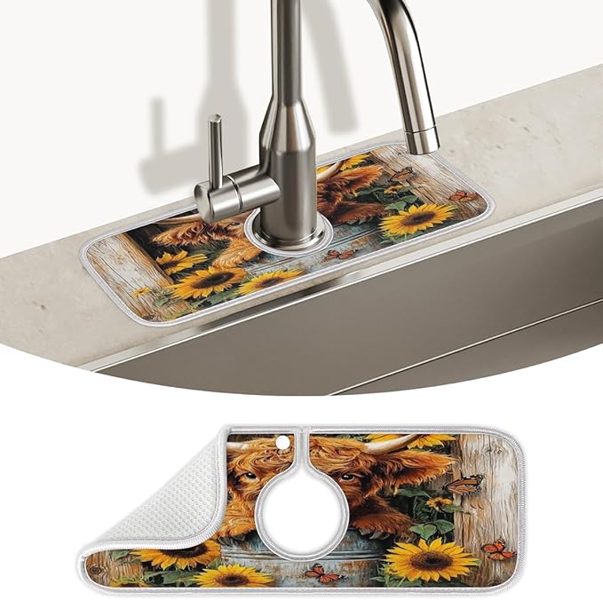 Rustic Highland Cow Kitchen Faucet Mat Super Absorbent Dish Drying Mat Splash Guard Behind Faucet Drip Catcher for Kitchen Bathroom Sink Cafe Bar Faucet Decor