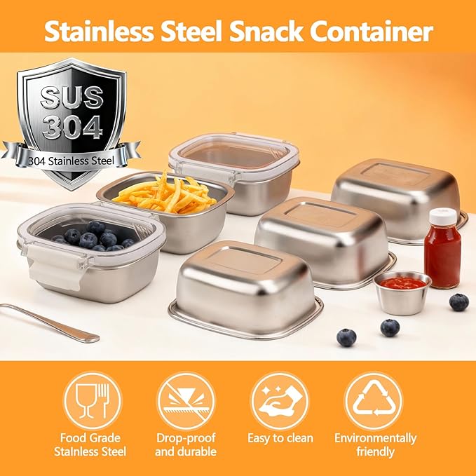 5 Pack Stainless Steel Reusable Snack Containers with Lids - 8.45 oz Small Metal Snack & Lunch Food Boxes, Shatterproof Leakproof Freezer Safe Meal Prep Containers for Portioning Snacks, Dips