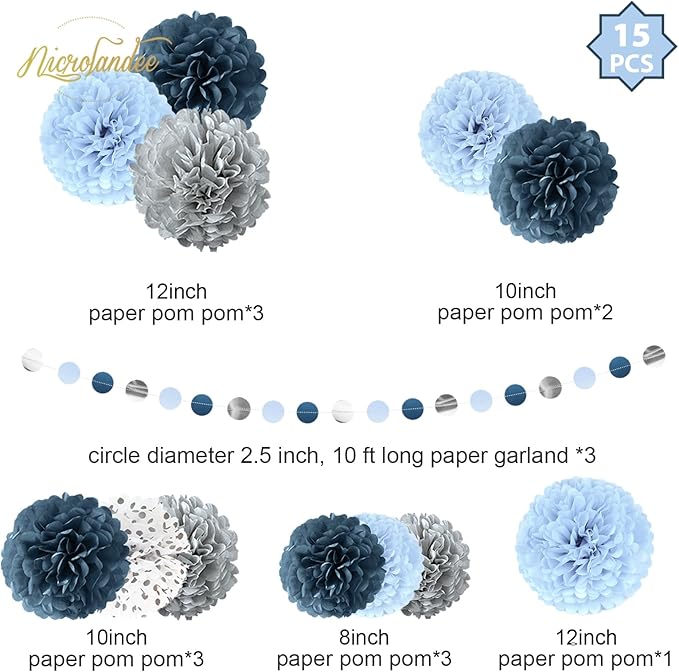 NICROLANDEE Dusty Blue Wedding Decorations, 15 PCS Tissue Pom Poms Paper Garland Decoration for Something Blue Bridal Shower Bachelorette Party Baby Shower Decorations