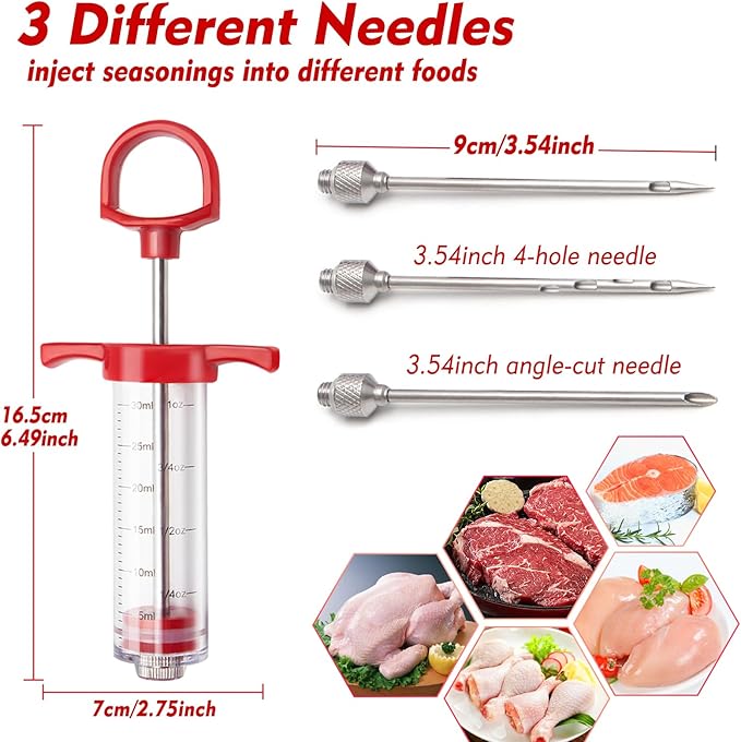 Meat Injector, 1-oz Plastic BBQ Marinade Injector Kit, Turkey Injector Syringe (3 Stainless Steel Meat Needles +3 Replacement O Rings + 1 Cleaning Brush) for Turkey Smoked BBQ Grill