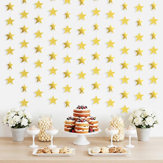 Patelai 210 Feet Glitter Star Garland Banner 2026 Party Decoration Double Side Star Hanging String Streamer Paper Twinkle for Graduation Wedding Birthday (Gold,Glitter Gold)