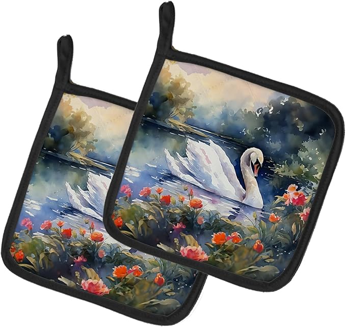 Caroline's Treasures Swan Pair of Pot Holders Kitchen Heat Resistant Pot Holders Sets Oven Hot Pads for Cooking Baking BBQ, 7 1/2 x 7 1/2