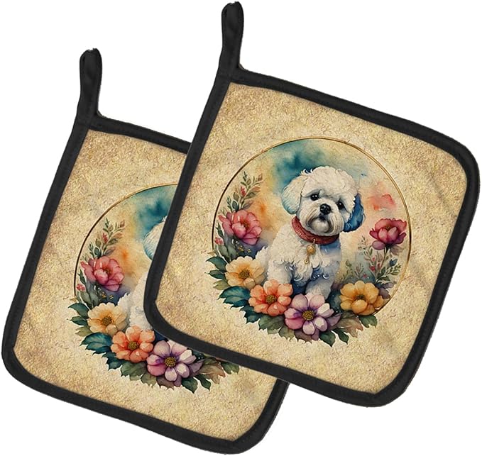 Caroline's Treasures Bichon Frise and Flowers Pair of Pot Holders Kitchen Heat Resistant Pot Holders Sets Oven Hot Pads for Cooking Baking BBQ, 7 1/2 x 7 1/2