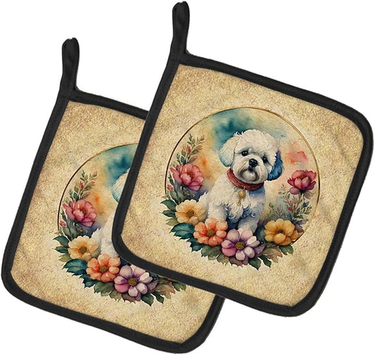 Caroline's Treasures Bichon Frise and Flowers Pair of Pot Holders Kitchen Heat Resistant Pot Holders Sets Oven Hot Pads for Cooking Baking BBQ, 7 1/2 x 7 1/2