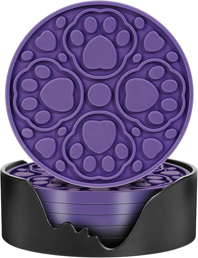 6 Pack Purple Silicone Drink Coasters with Holder, 4 Inch Non-Slip Heat-Resistant Round Cup Mats, Decorative Waterproof Coasters for Tabletop, Office Desk, Bar & Coffee Table, Dishwasher Safe