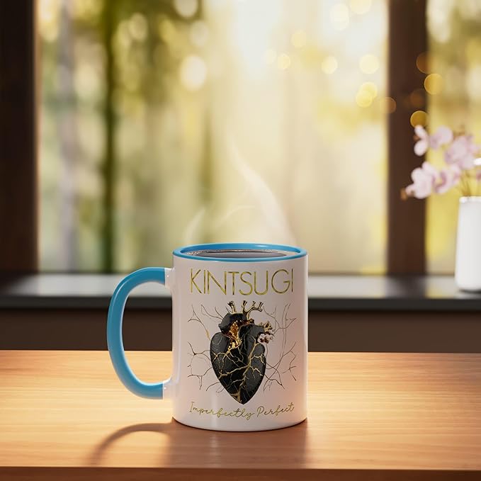 Kintsugi Pottery Golden Heart Japanese Art repair Pottery Ceramic Mug, Blue/White