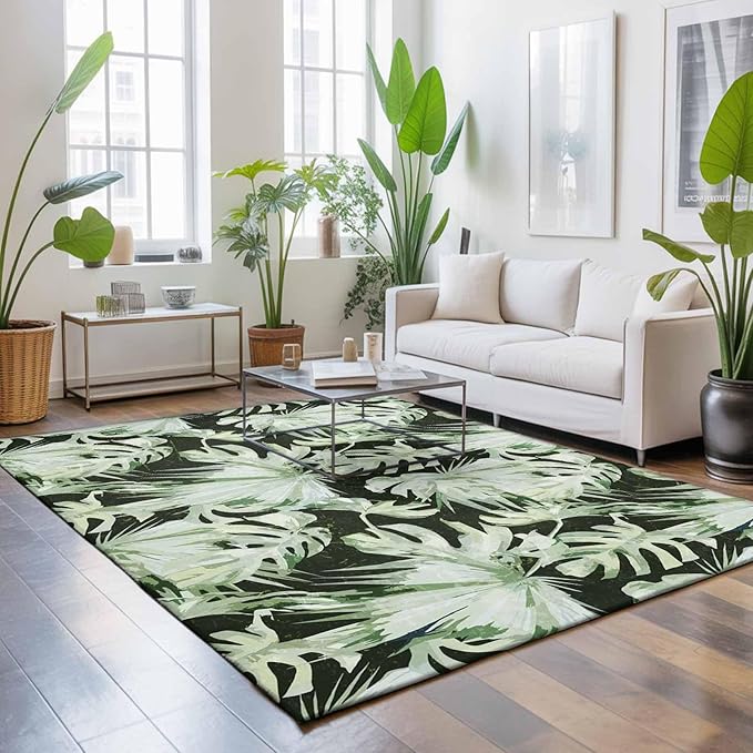 Area Rug 4x6ft, Abstract Dark Green Palm Leaves Washable Rugs for Living Room Bedroom, Watercolor Plants Soft Non-Slip Area Rugs Rectangle Floor Carpet for Dining Room