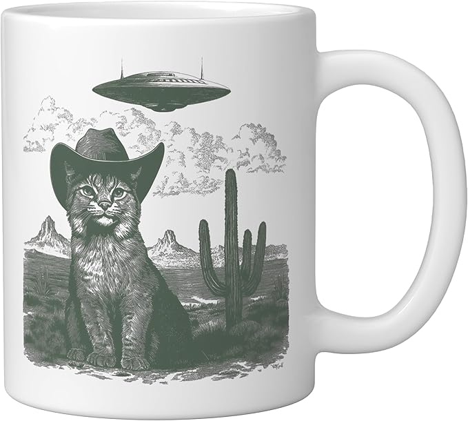 Feline in Hat UFO Sighting Arid Wilderness Cat Design Ceramic Mug, White