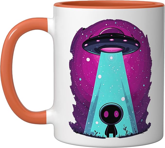 Cute Alien Abduction UFO Retro Space Sci Fi Kawaii Ceramic Mug, Orange/White