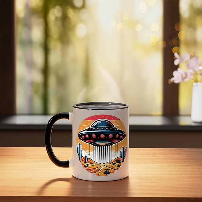 Retro UFO Desert Abduction Scene | Vintage Sci-Fi Ceramic Mug, Black/White