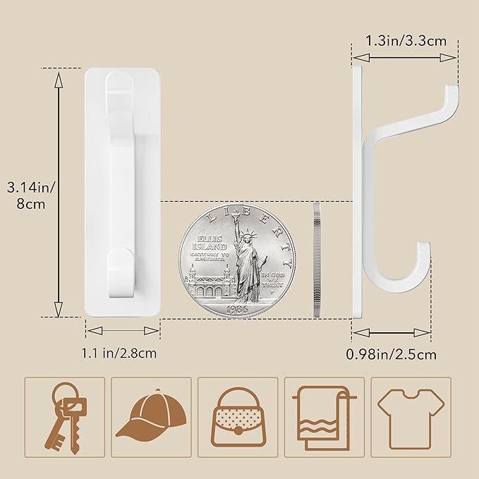 pickpiff Wall Hooks for Coat and Towel: 13LB Strong Adhesive Door Hanger Stick on, White 4 Pack