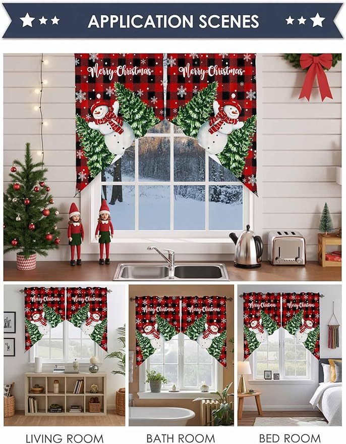 Christmas Tree Snowman Swag Valance Curains Winter Snowflakes Red Buffalo Plaid Rod Pocket Kitchen Curtains Scalloped Window Treatment Valances Swag for Living Room Bedroom, 1 Pair, 36"W x 45"L