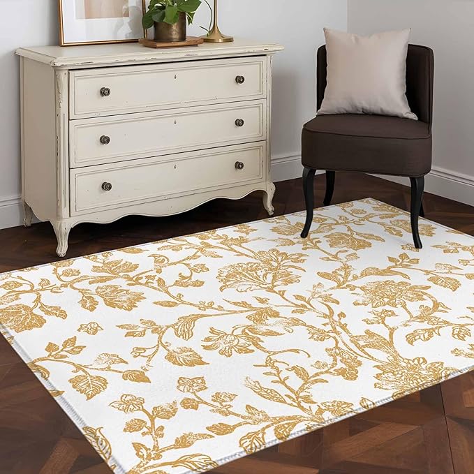 Area Rug 4x6ft, Vintage Farmhouse Flowers Pattern Washable Rugs for Living Room Bedroom, Yellow Floral Art Soft Non-Slip Area Rugs Rectangle Floor Carpet for Dining Room