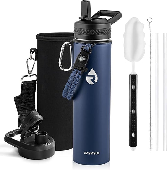 RAYMYLO Insulated Water Bottle 24oz, Triple Wall Vacuum Stainless Steel (Cold for 24Hrs, Hot for 12Hrs), Leak Proof & Non-BPA, 24oz Hydro Water Flask with Paracord Handle & Straw Spout Lids