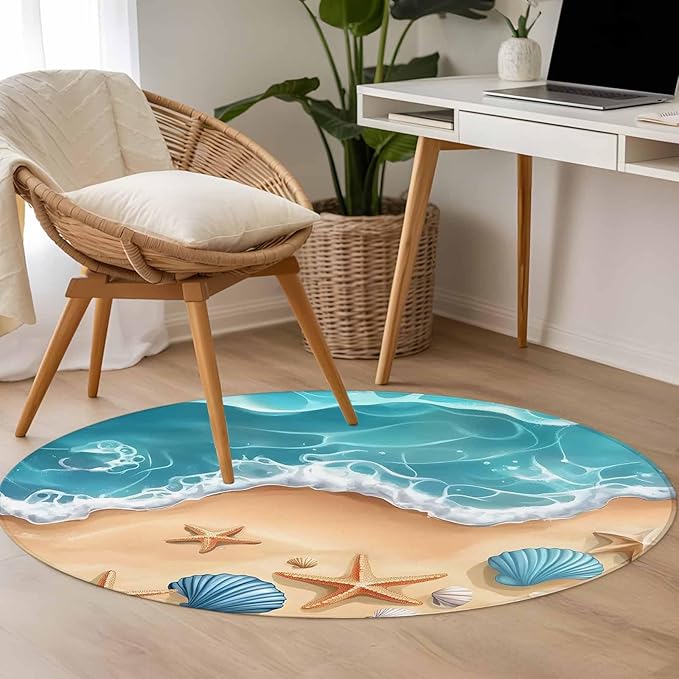 Washable Round Area Rug Summer Beach Shell Starfish Circle Rugs Floor Carpet for Living Room Bedroom, Marine Life Cartoon Style Soft Non Slip Round Rug 4ft