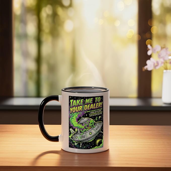 Take Me to Your Cannabis Stoner 420 Alien UFO Sci-Fi Weed Ceramic Mug, Black/White