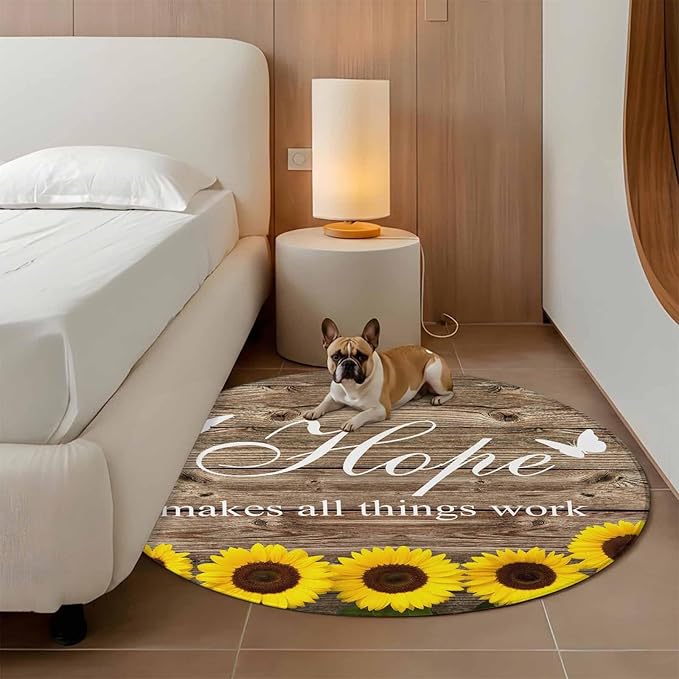Washable Round Area Rug Farm Sunflower Positive Energy Quote Circle Rugs Floor Carpet for Living Room Bedroom, Retro Dark Brown Wood Grain Soft Non Slip Round Rug 4ft