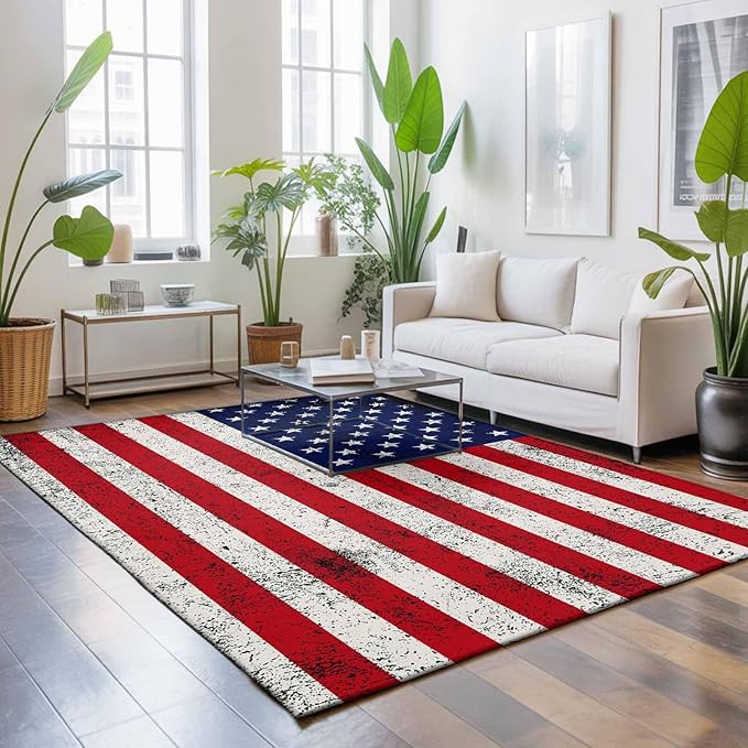 Area Rug 8x10ft, Independence Day Stars Stripes Retro Washable Rugs for Living Room Bedroom, Patriotic Flag Red Blue Soft Non-Slip Area Rugs Rectangle Floor Carpet for Dining Room