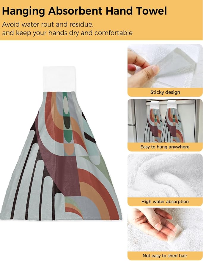 Alandar Home Kitchen Tie Towel Set of 2, Middle Century Geometric Art Absorbent Soft Hand Towels for Bathroom Hanging Towels, Abstract Minimalist Arch Fast Drying Cleaning Cloth with Loop