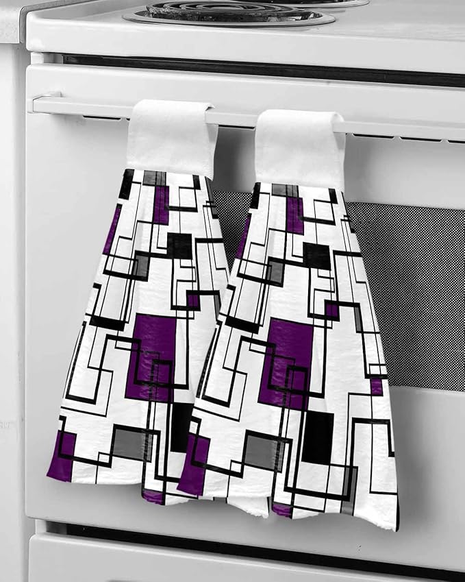 Alandar Home Kitchen Tie Towel Set of 1, Abstract Geometric Lines Art Absorbent Soft Hand Towels for Bathroom Hanging Towels, Purple Black Color Block Fast Drying Cleaning Cloth with Loop