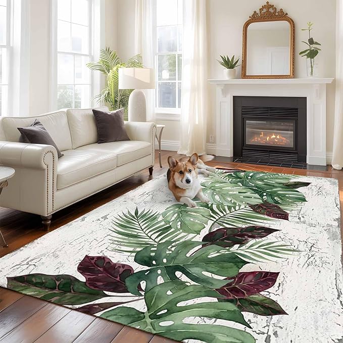 Area Rug 8x10ft, Summer Green Monstera Palm Leaves Washable Rugs for Living Room Bedroom, Vintage Botantical Soft Non-Slip Area Rugs Rectangle Floor Carpet for Dining Room