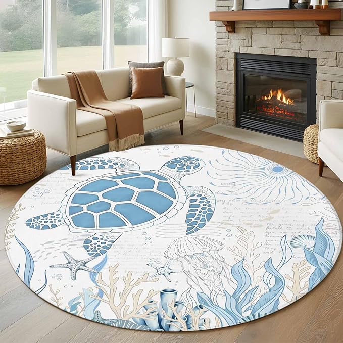 Washable Round Area Rug Blue Sea Turtles Stars Corals Circle Rugs Floor Carpet for Living Room Bedroom, Vintage Marine Life Soft Non Slip Round Rug 5ft