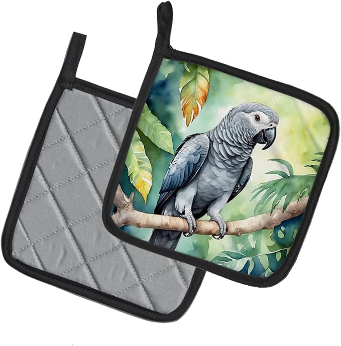 Caroline's Treasures African Grey Parrot Pair of Pot Holders Kitchen Heat Resistant Pot Holders Sets Oven Hot Pads for Cooking Baking BBQ, 7 1/2 x 7 1/2