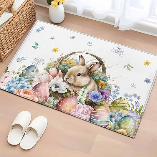 Area Rug 2x3ft, Easter Egg Spring Flower Cute Rabbit Washable Rugs for Living Room Bedroom, Blossom Floral on White Soft Non-Slip Area Rugs Rectangle Floor Carpet for Dining Room