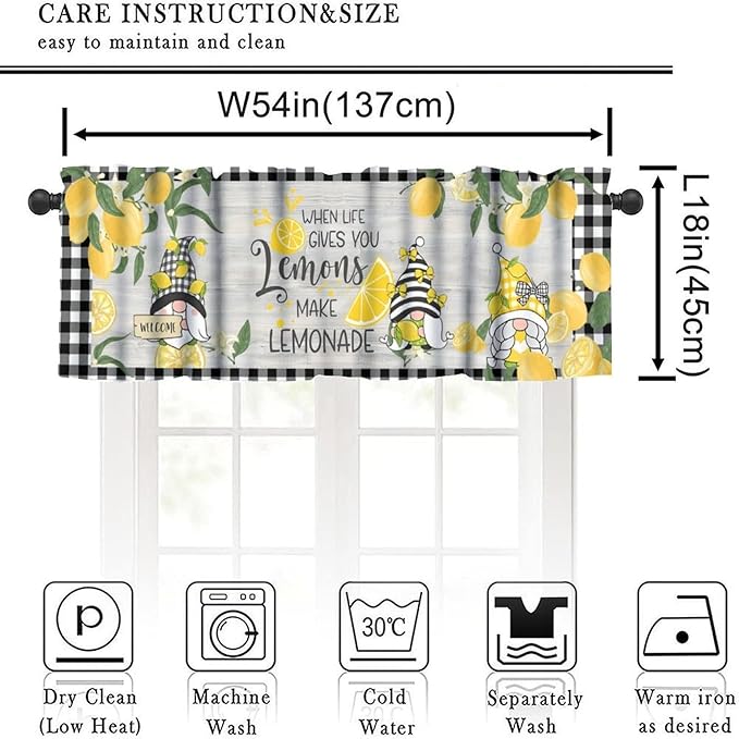 Lemon Gnome Curtain Valance for Kitchen, Yellow Fruit Black White Buffalo Plaid Wooden Farmhouse Decor Window Treatment for Dining Bedroom Living Room Cafe Resturant Home Decoration, 54x18Inch